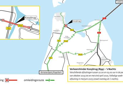 Omleidingsroute Kooybrug in de nacht