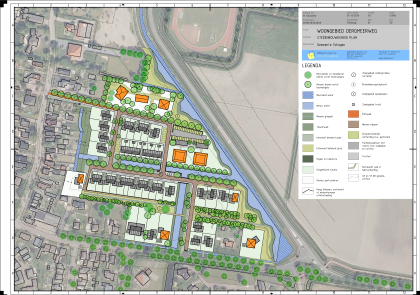 Op deze afbeelding kunt u zien hoe het woongebied Dergmeerweg wordt ingedeeld met kavels, bomen, water, paden, parkeerplaatsen etc.