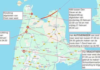 De kaart toont de omleidingsroutes in de nacht van 21 februari voor de werkzaamheden aan de Stolperbasculebrug.